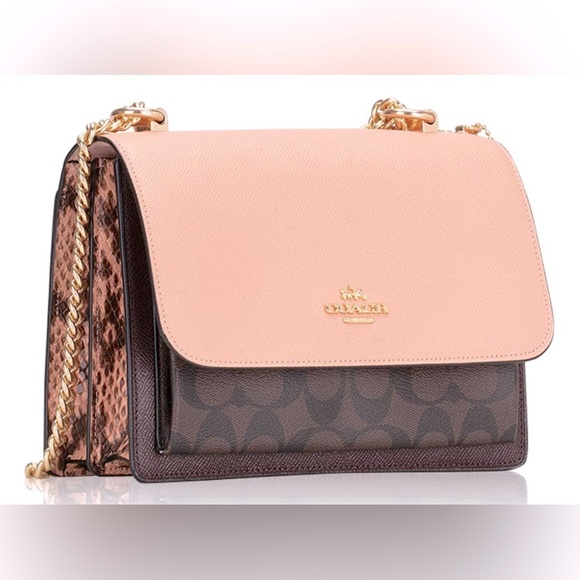 NEW Coach Klare Crossbody Bag Pink Signature Canvas Monogram Snakeskin Embossed - Picture 1 of 8